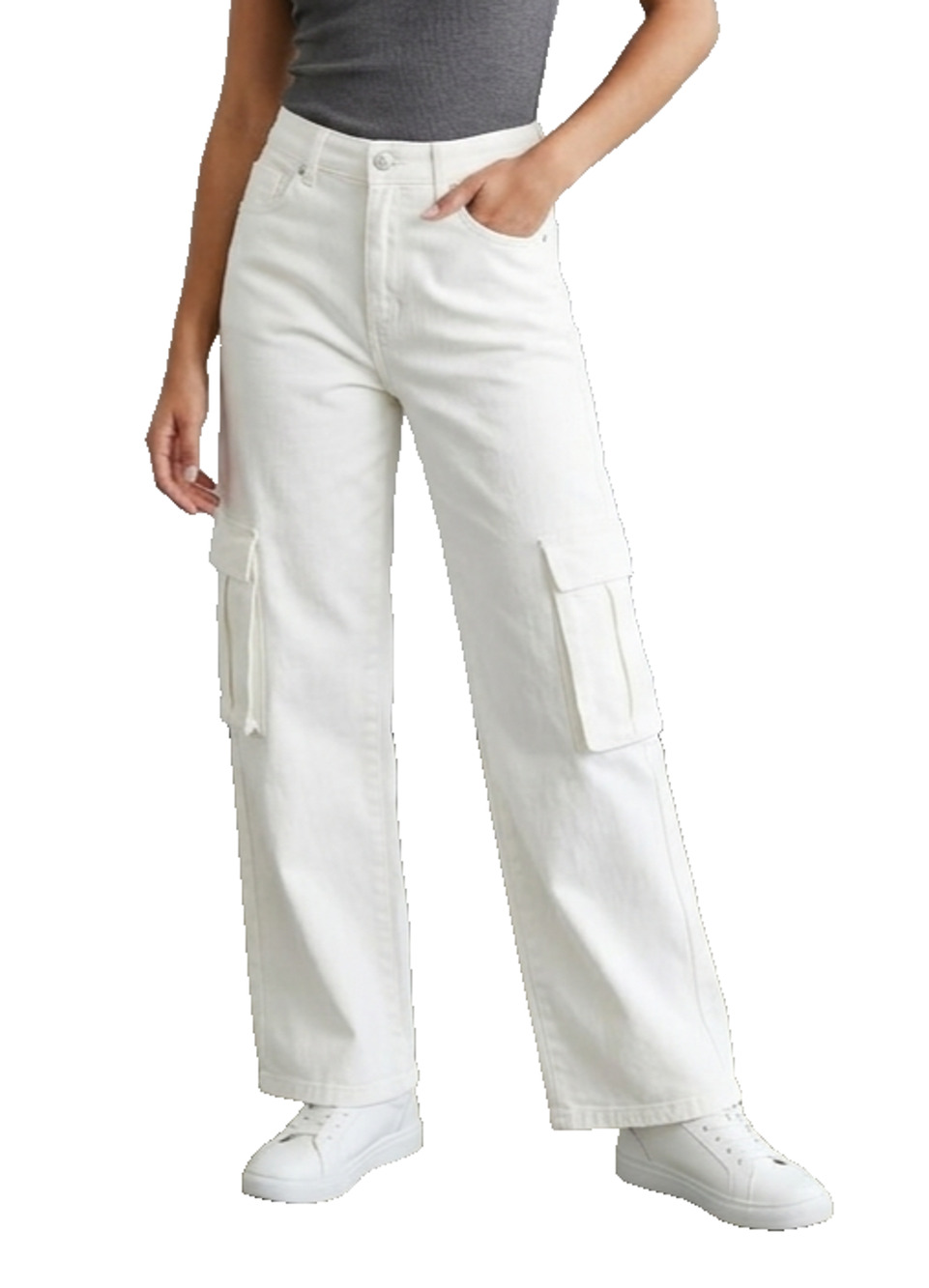 WITH JULES Wide Leg Cargo Pants Girl's Size S White Denim Jeans NWT MC006TP